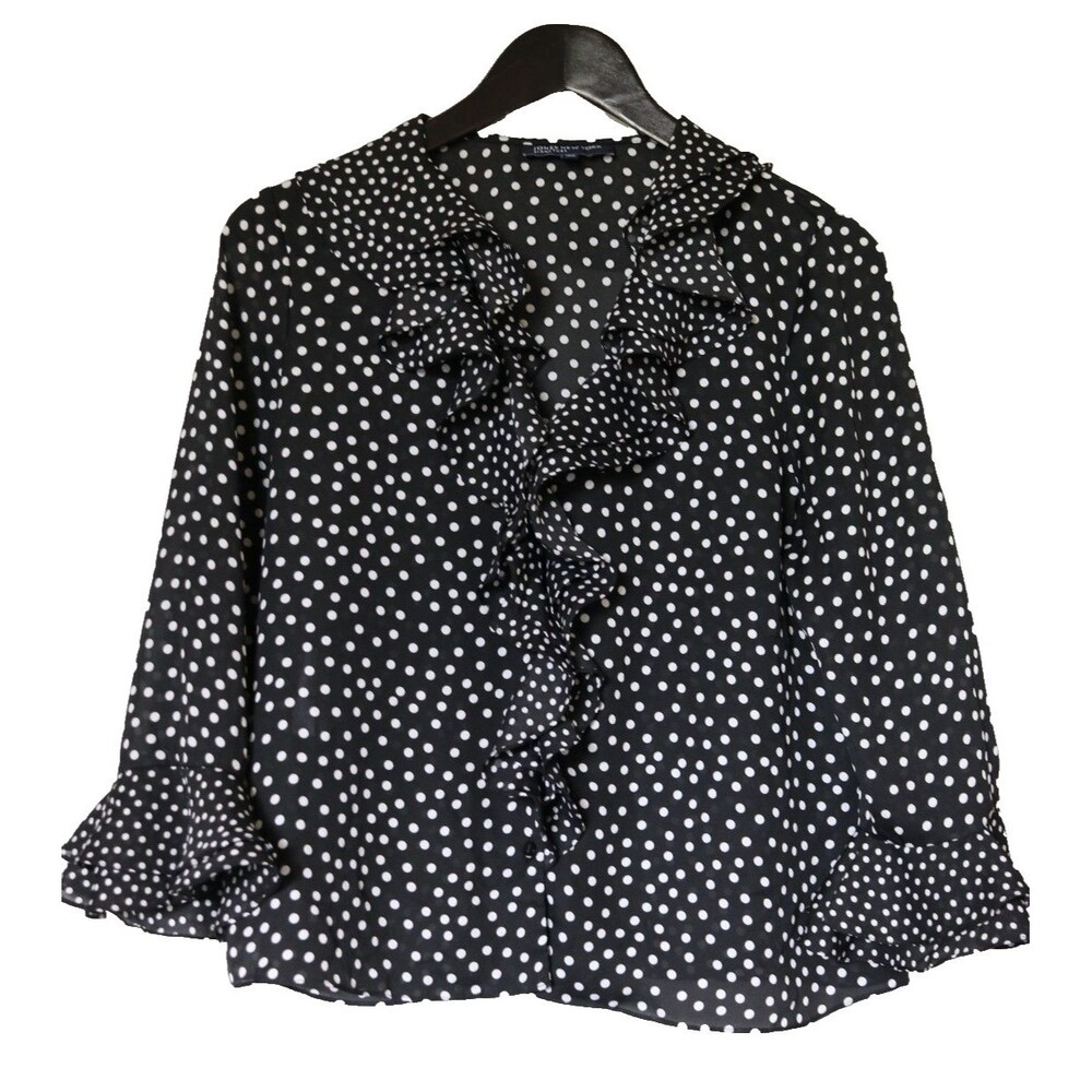 Jones New York Ruffled Polka Dot 3/4 Bell Sleeve Button Career Top Blouse Size M